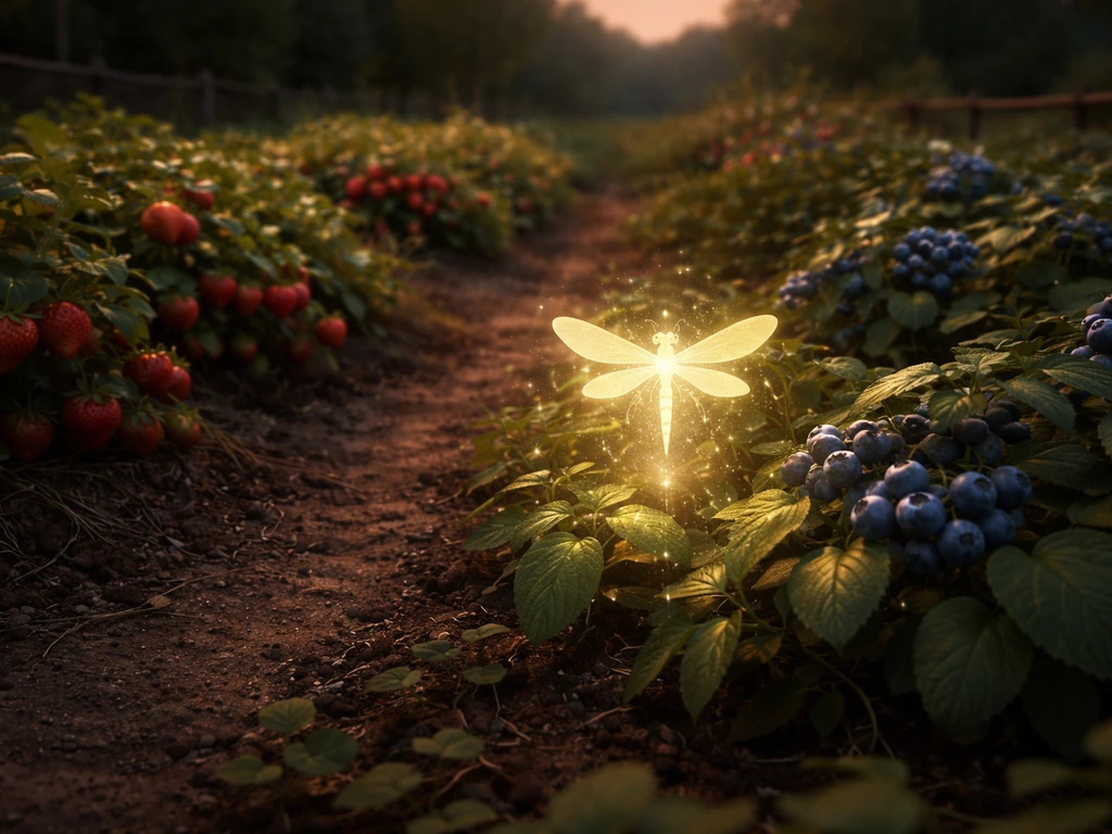 Close view of in-game fruit plot with glowing hovering dragonfly icon near crops at dusk