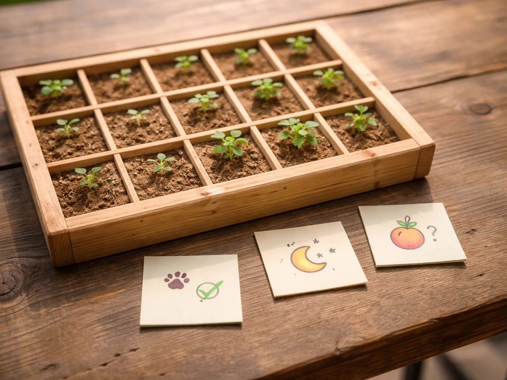 Close-up of a farm planting grid with a small checklist-style sticky note overlay of offline optimization items.