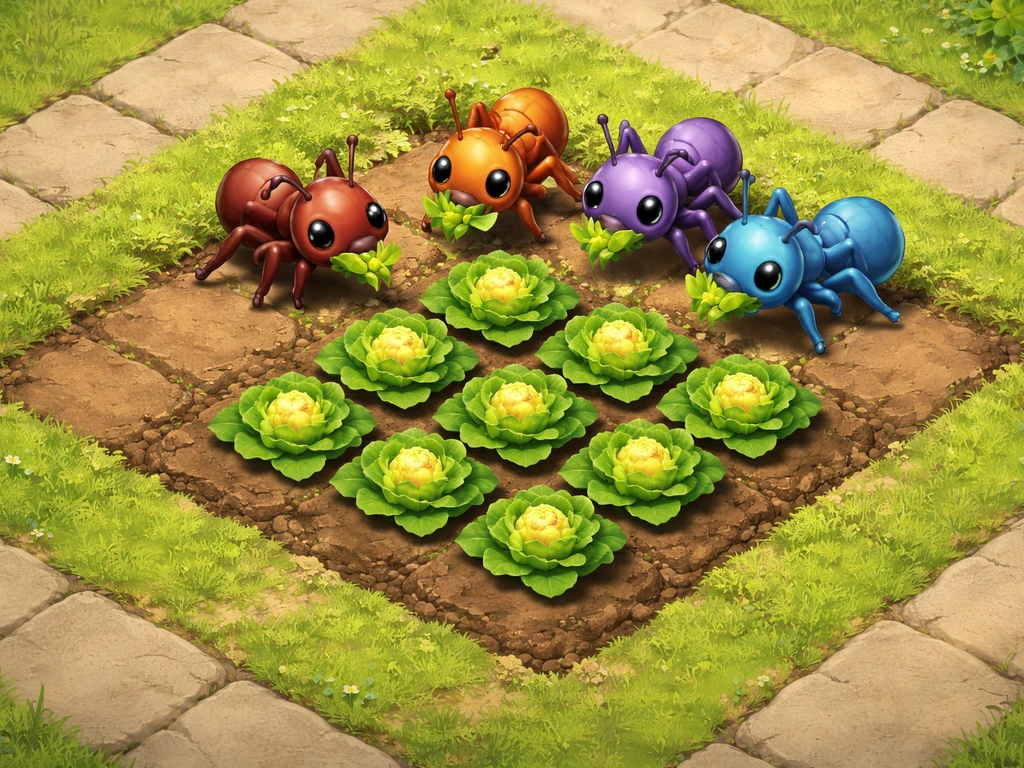 Top-down view of a small crop plot with farm tiles and multiple giant ant pets near the bed