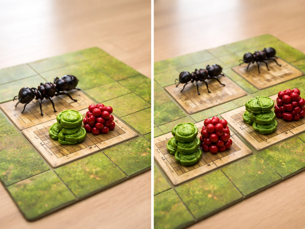 Side-by-side tiles showing one giant ant producing fewer duplicates vs multiple ants producing more.
