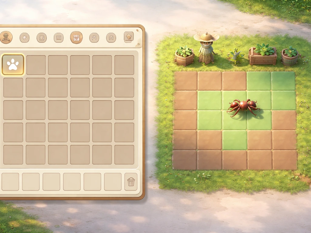 Minimal game-like UI showing limited pet slots and farm tiles with valid/invalid zone shading.