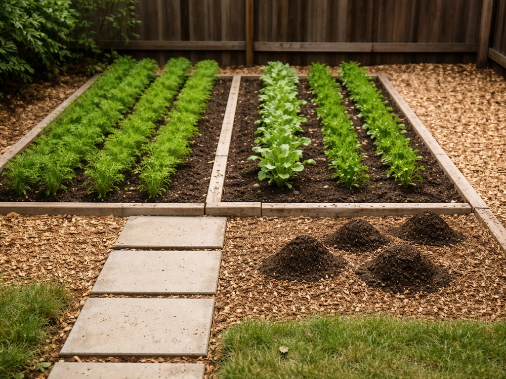 Minimal raised garden bed with carrot rows near small soil mounds, showing optimized layout and placement priorities.