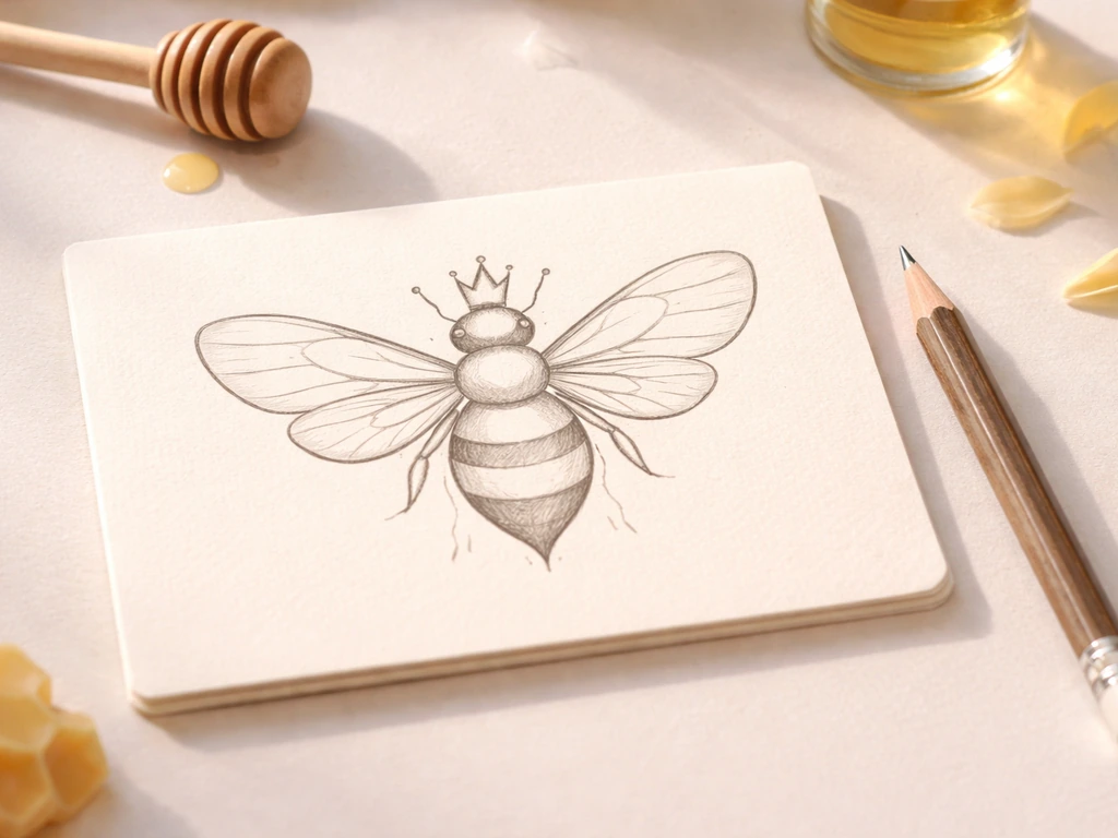 Stylized queen bee drawing concept with simple game-like tools on a clean desk background.
