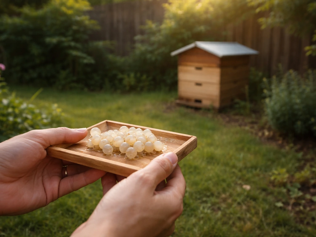 Beehive at the back of a garden plot with a close-up of hatch-bound bee eggs in a hand