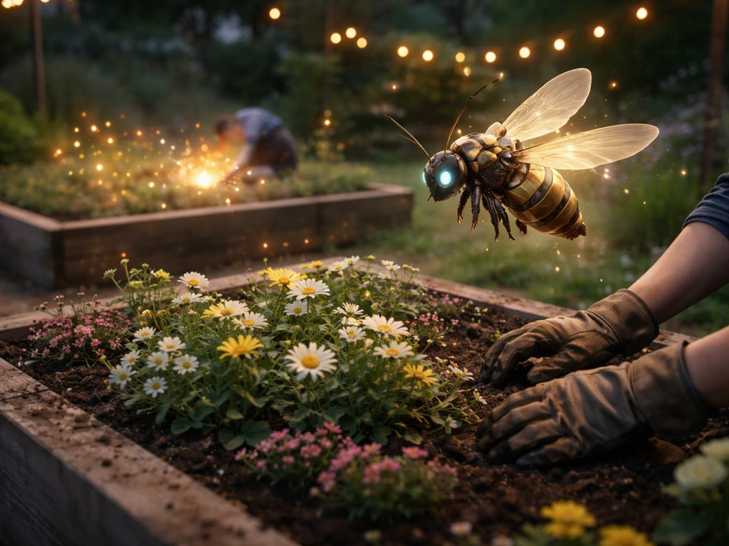Queen Bee robotic insect companion hovering near a shared garden plot as ability effects glow between two plots.