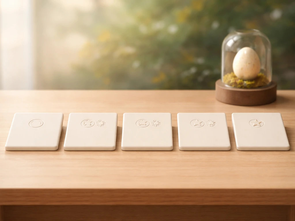 Minimal fantasy-style table card displaying five blank hatch-outcome tiles with subtle probability icons, no text.