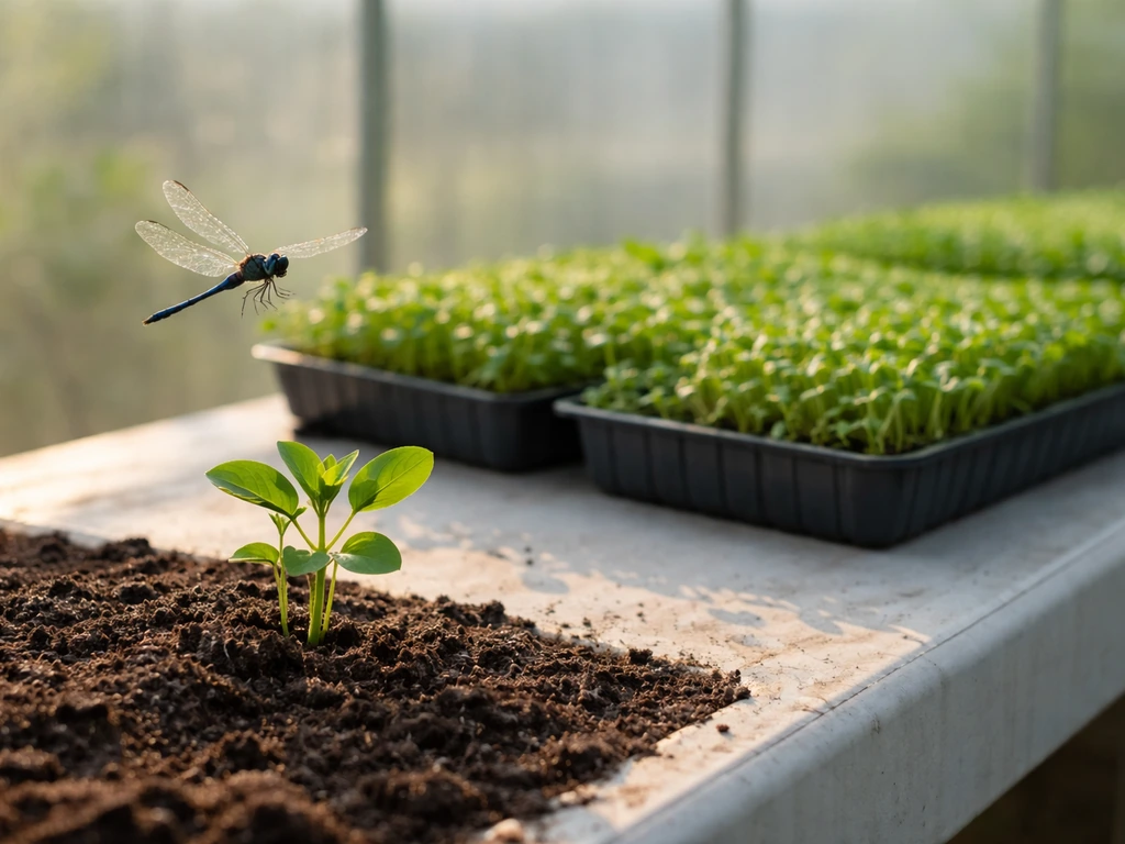 Close-up of a dragonfly hovering above a greenhouse plant beside harvested crop trays, showing faster growth feel.