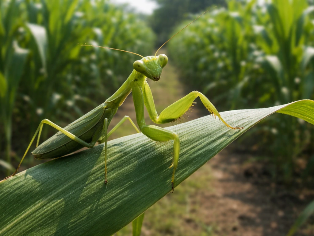 Close-up of a praying mantis on a leaf above a small crop row, showing calm, realistic niche interaction vibe