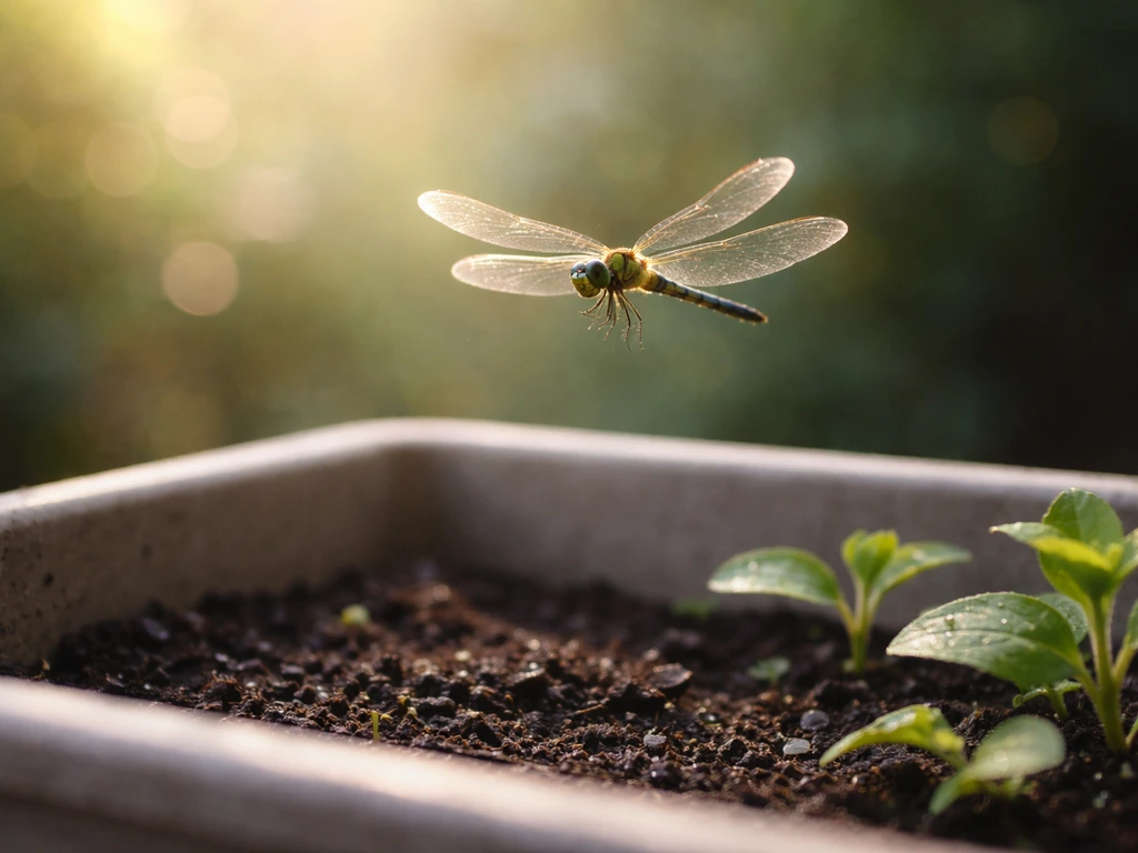 Close-up of a dragonfly hovering over a small garden planter, suggesting a divine-tier pet role in a calm setting.