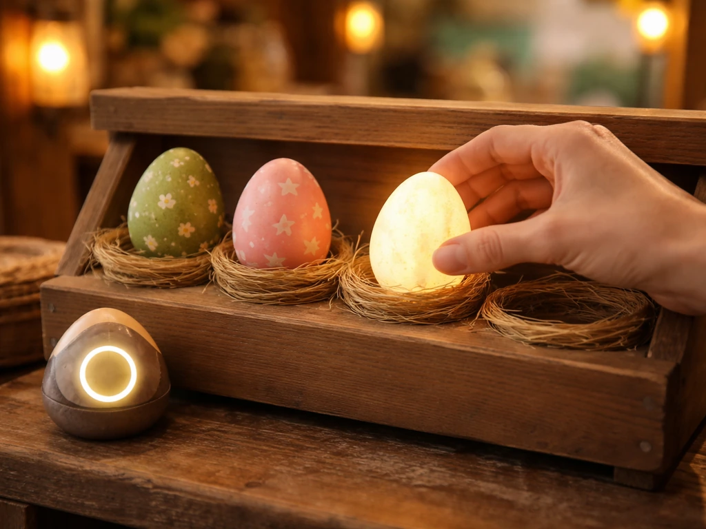 Hands placing a glowing pet egg on a shelf in a cozy shop stall, shallow depth of field.