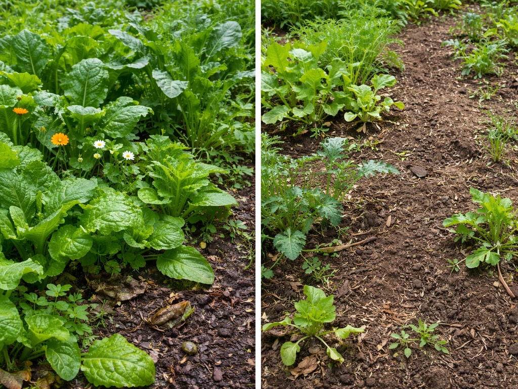 Split garden beds: dense leafy plants with a few small frogs vs sparse plants with bare soil.