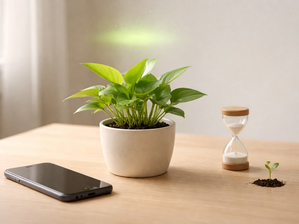 Minimal photo of a small green plant by a smartphone timer, symbolizing a 20‑minute croak growth loop.