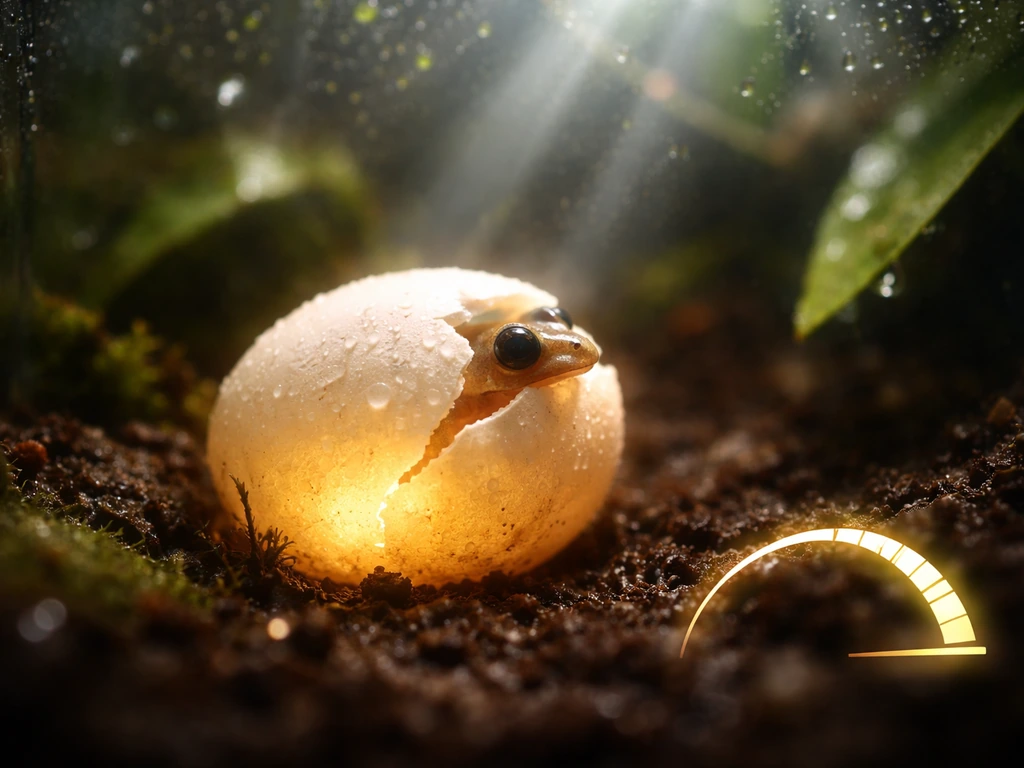 A night egg cracking open in a terrarium as a small froglet emerges amid soft glowing light.