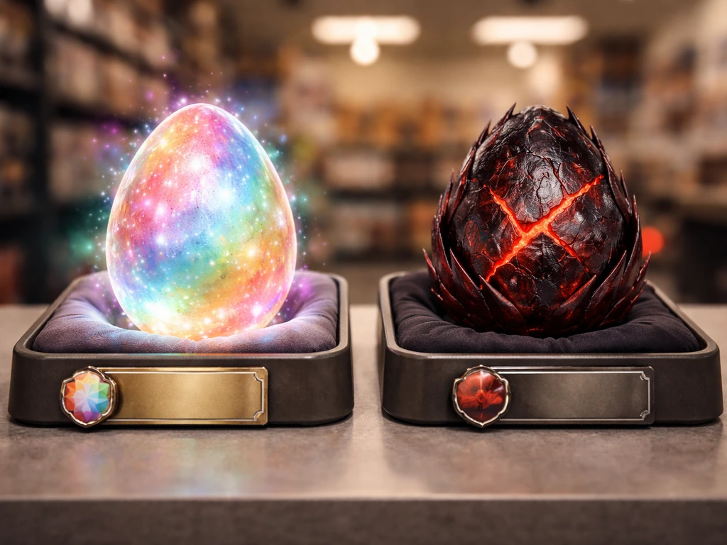 Side-by-side mystical and legendary eggs on a tabletop with blank visual tags for cost and chance.