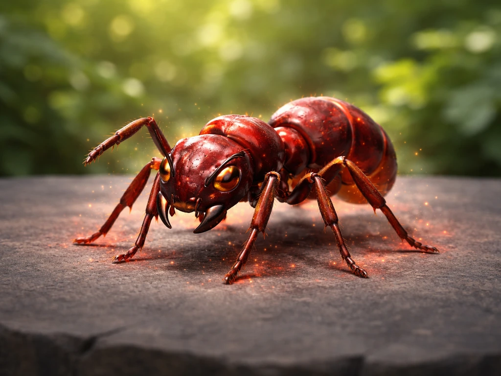 A glowing red giant ant creature icon on a dark stone surface with a softly blurred garden background.