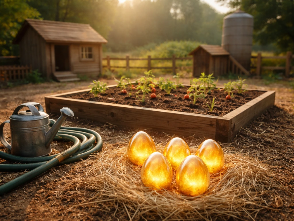 Minimal early-game farm setup with a small garden beds area and glowing legendary eggs on the ground