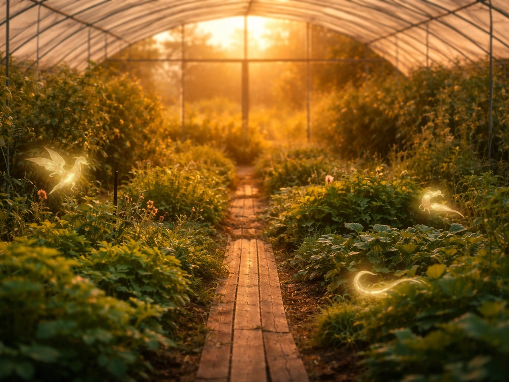 Late-game greenhouse farm with dense glowing plants and subtle mythical creature light near the rows.