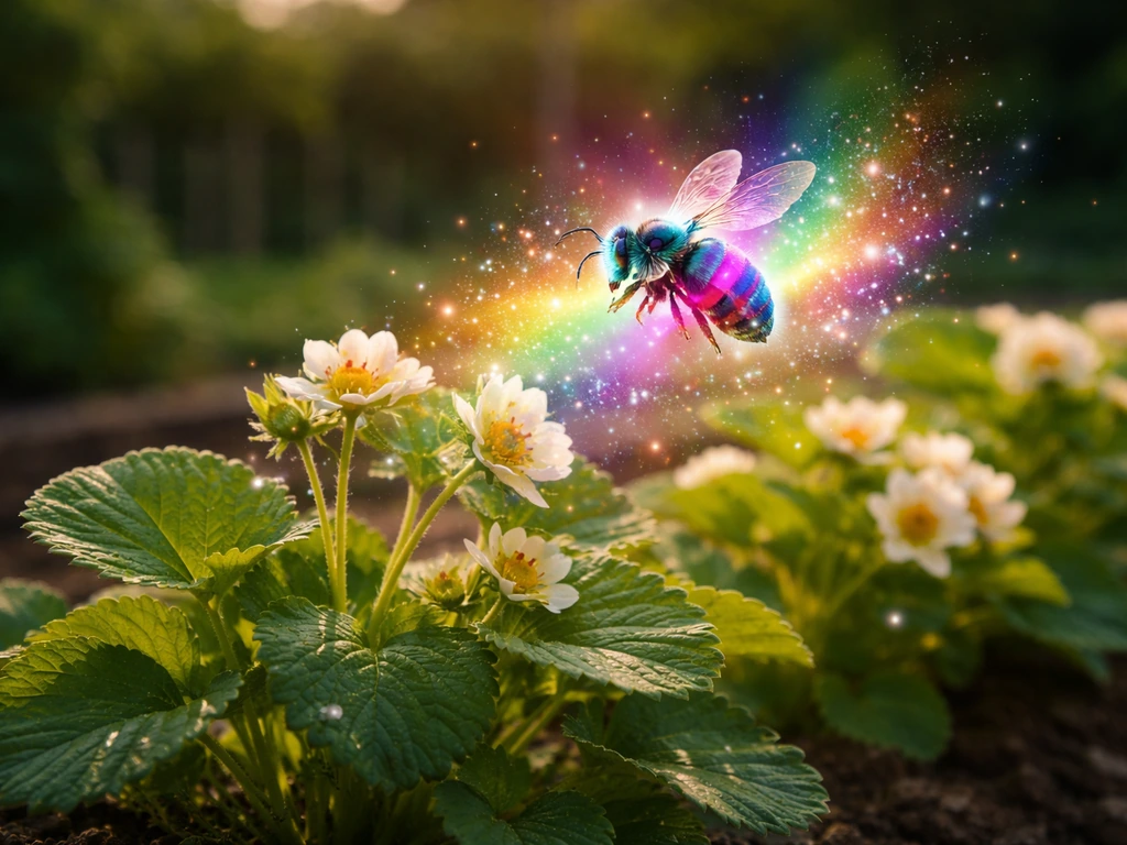 Glow-radiant disco bee hovering over flowering crops, sparking a rainbow “mutation” effect.