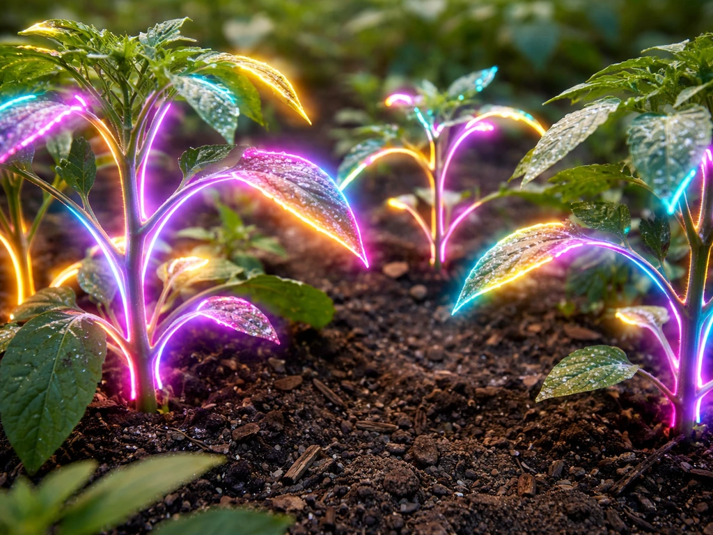 Close-up of glowing crop plants flashing with a repeating neon Disco mutation effect in a garden.