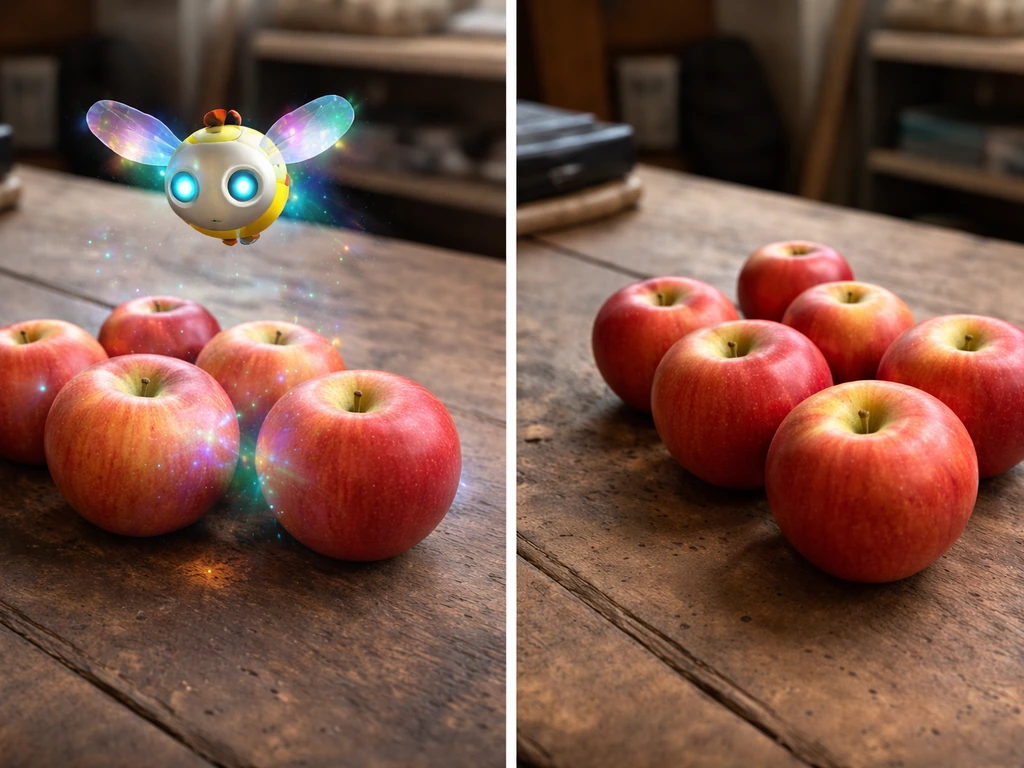 Side-by-side apples: near a hovering Disco Bee with subtle disco glow vs far apples staying normal.