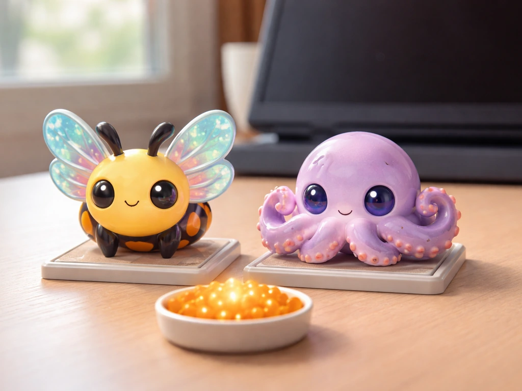 Disco Bee and Mimic Octopus figurines on a desk, fed and placed in active slots for long sessions.