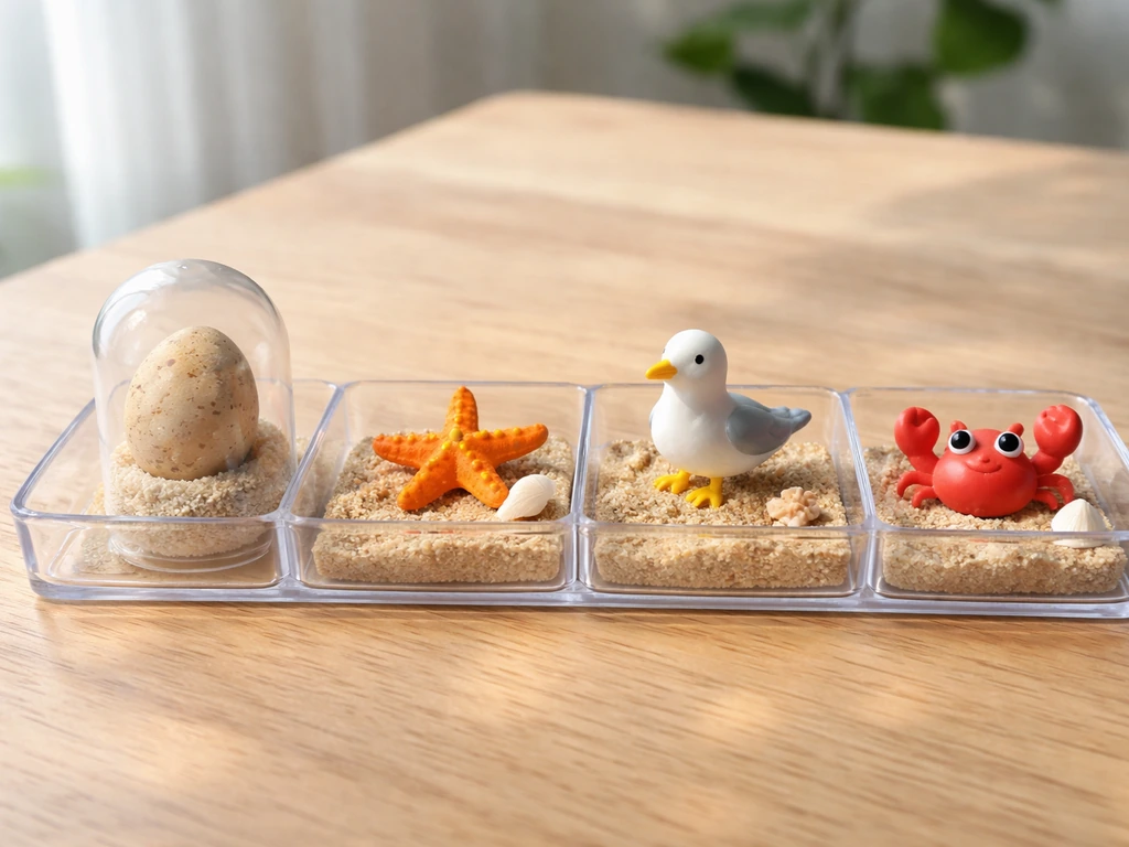 Three common summer egg hatch outcomes: starfish, seagull, and crab icons on table