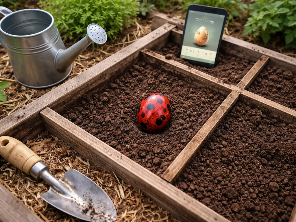 Egg placed on garden plot with nearby tools and incubation timer backdrop