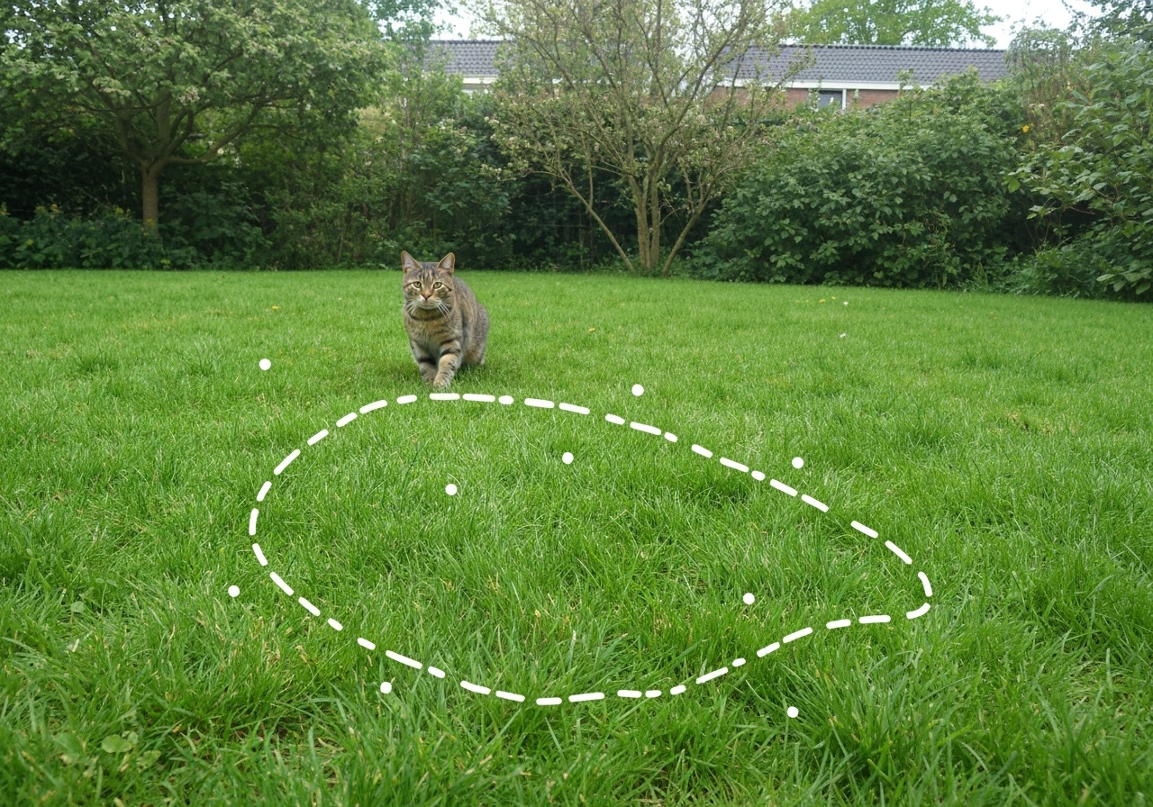 Een anonieme kat loopt over het gras; vloeiende indruk van eitjes die van de vacht vallen