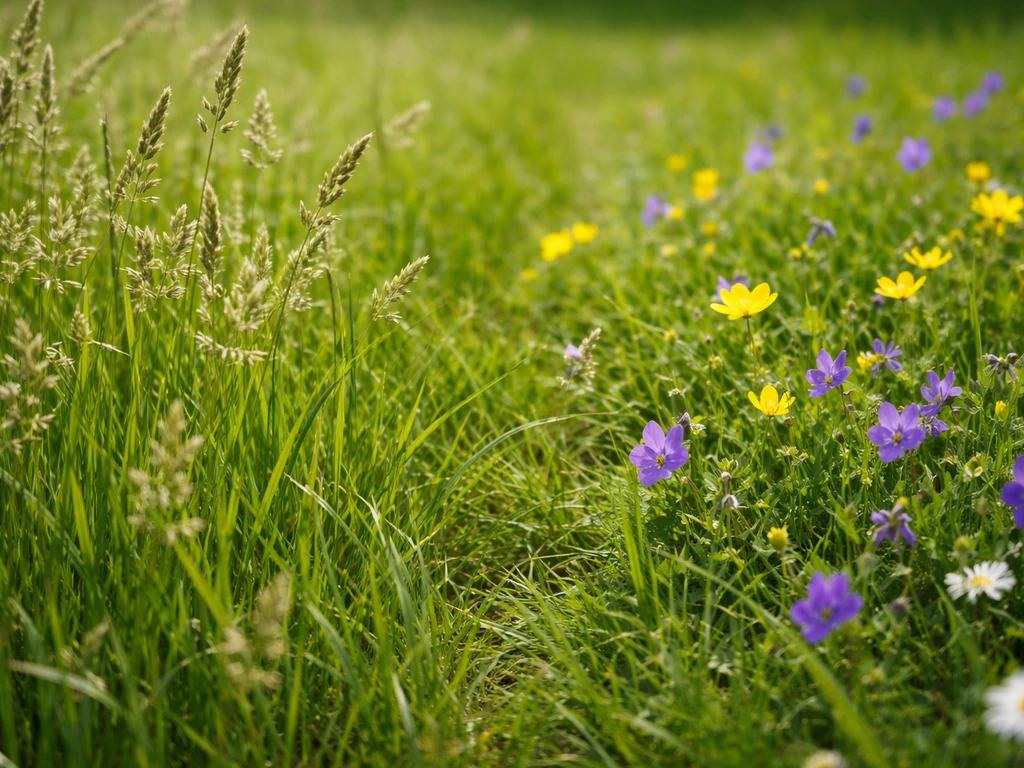 Gazon in beeld met links grasaren en rechts echte kleurrijke bloemen/on kruid half om half.