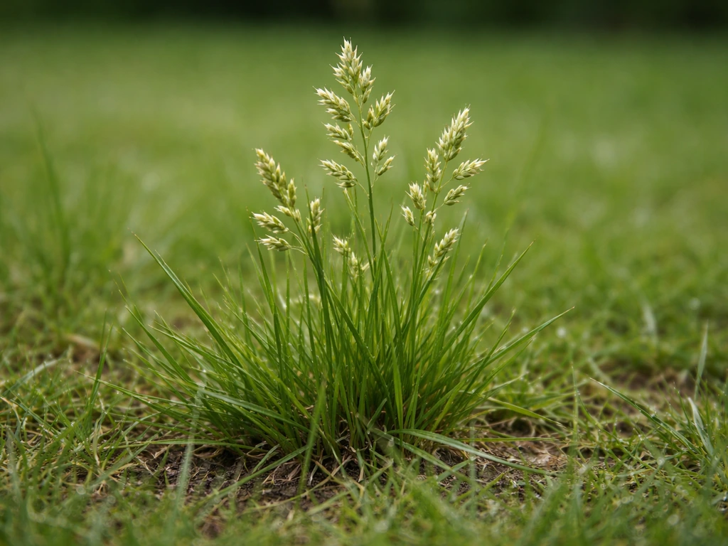 Close-up van straatgras (Poa annua) met zichtbare aar/‘bloem’-achtige structuren in groen gazon