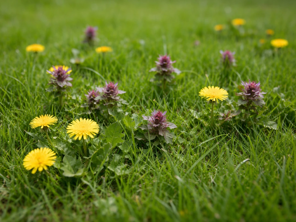 Kleurrijke ‘bloemen’ tussen het gras: verschillende onkruiden in een gazon, dicht bij de grond gefotografeerd