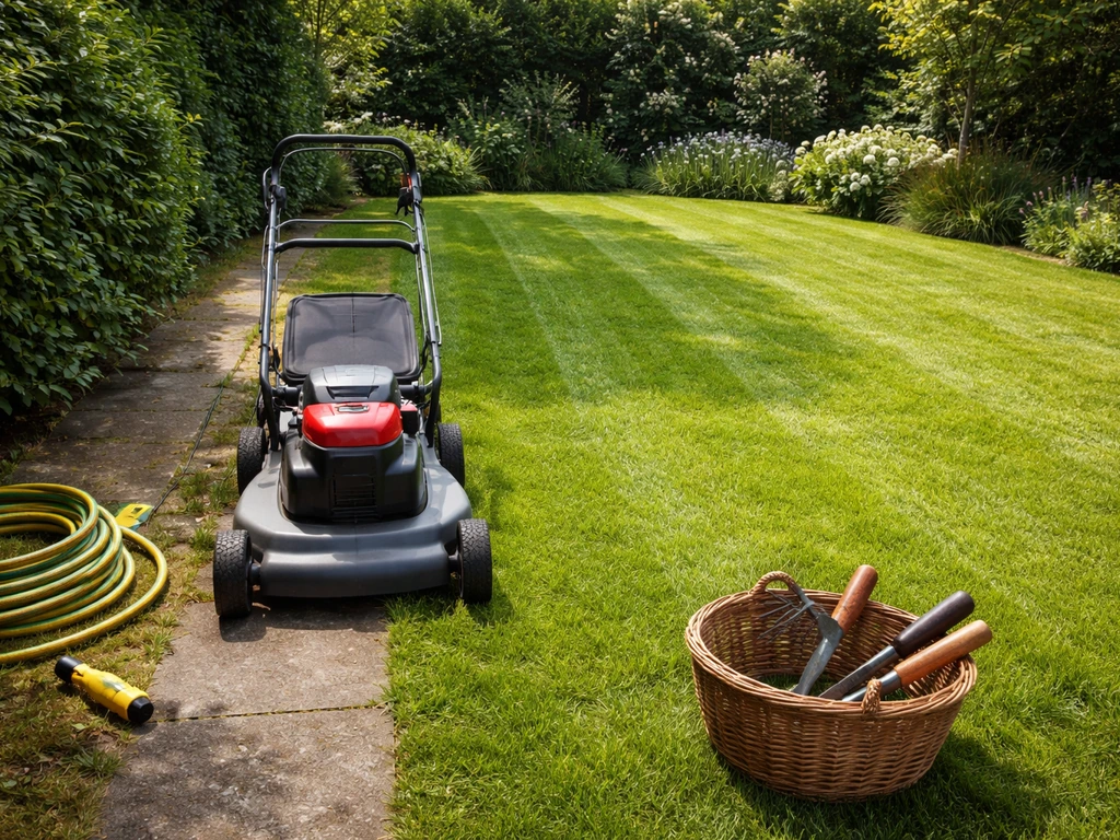Gras en maaier in een nette tuin, met wiedgereedschap en slang naast een gemaaid stuk gazon.