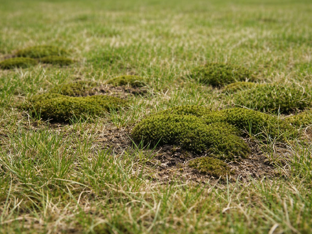 Nederlands gazon met zichtbare mosplekken tussen het gras, klaar om mos te verwijderen en te voorkomen.