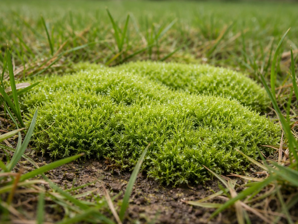 Close-up van groen mos als sponsachtig tapijt in een grasveld, met weggevallen/uitgedund gras eromheen.