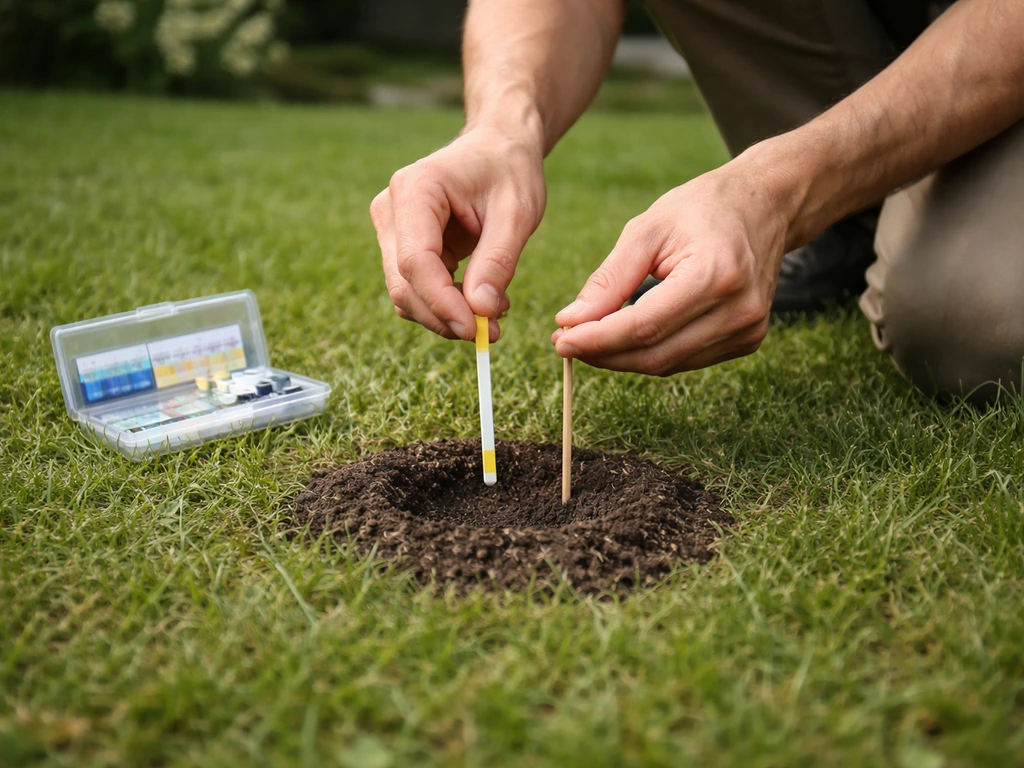 Anonieme handen meten de bodem-pH op een gazon met een pH-testset en markeren een kleine te kalken zone.