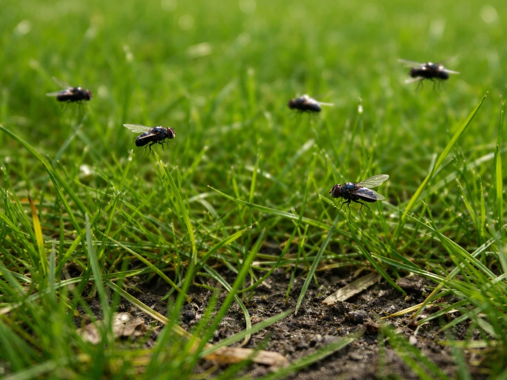 Close-up van vliegen in het gras in een Nederlandse tuin, grasbladen met laag overvliegende insecten