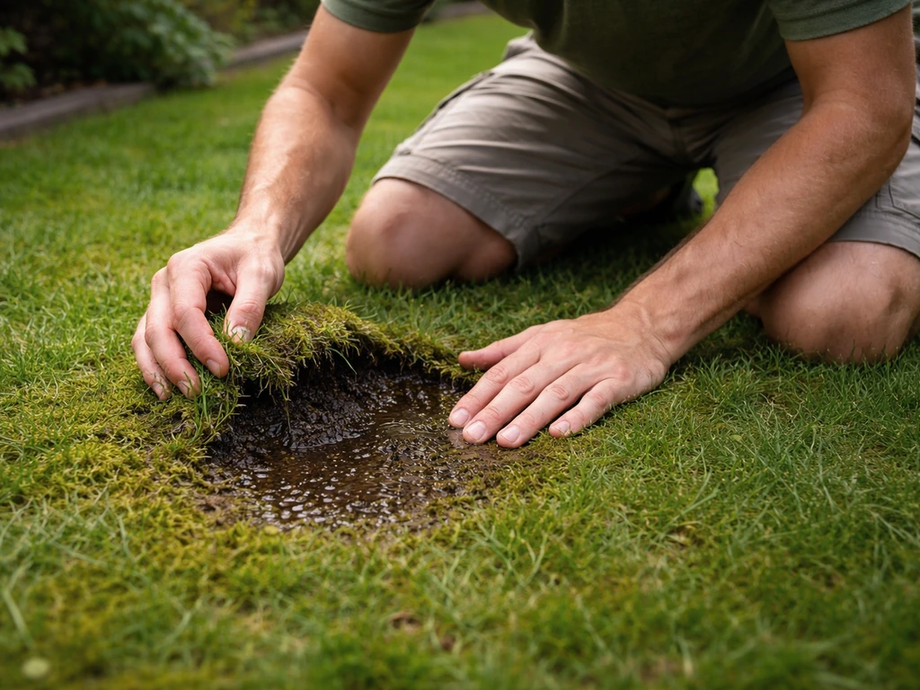 Tuinier op knieën lokaliseert een vochtige plek in het gazon door los gras op te tillen en de grond te voelen.