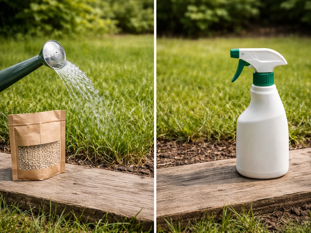 Twee naast elkaar: zak met aaltjes naast gieter met water, tegenover een lege spuitbus als chemisch alternatief.