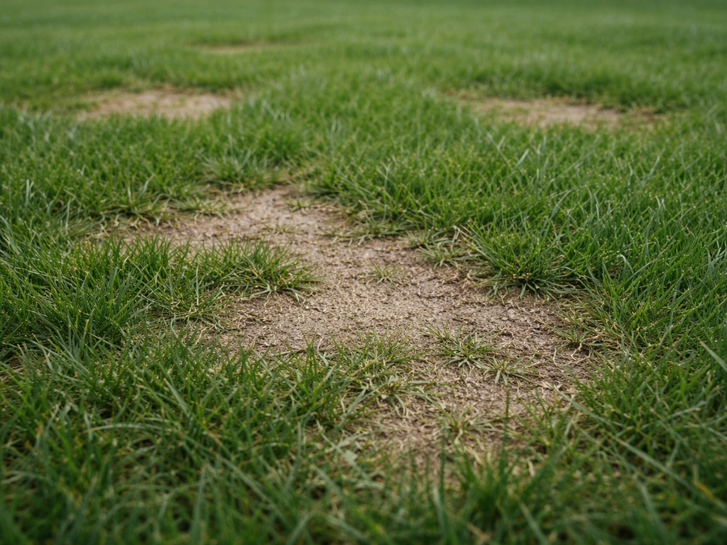 Close-up van een gazon met verzwakte, kale plekken tussen groen gras—verborgen probleem dat later opvalt.