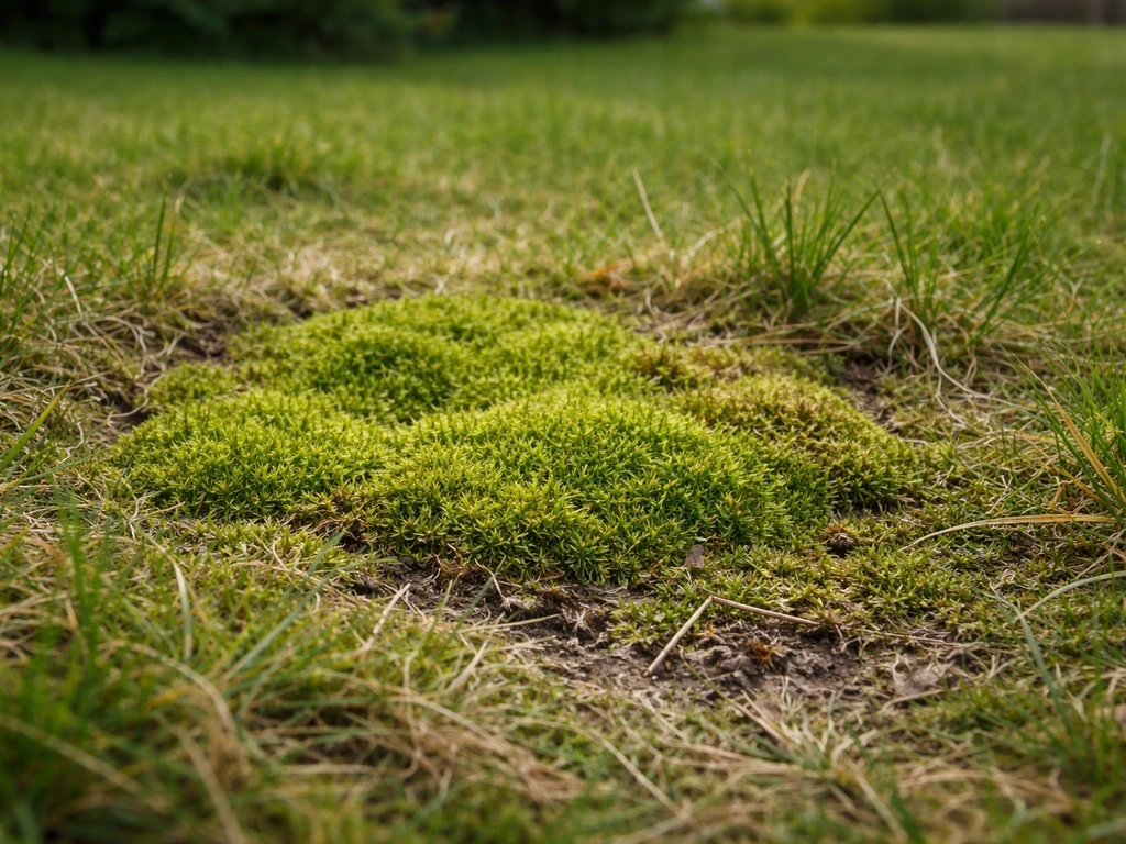 Close-up van mos in het gazon met dunner gras eromheen, als teken van een zwakke bodem.