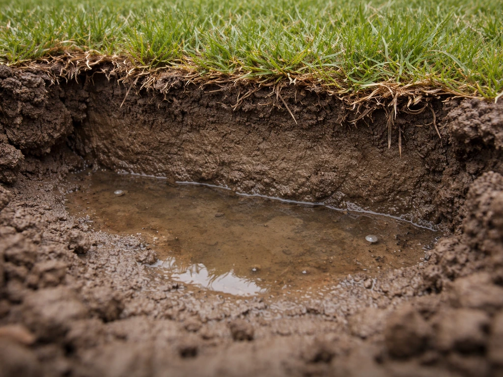 Close-up van verdichte, kleiige grasbodem met zichtbare wortelzone en slecht wegstromend water