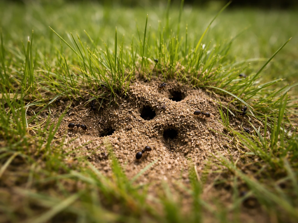 Close-up van een mierennest in het gras met ingangen en enkele mieren, met duidelijke grasstructuur.