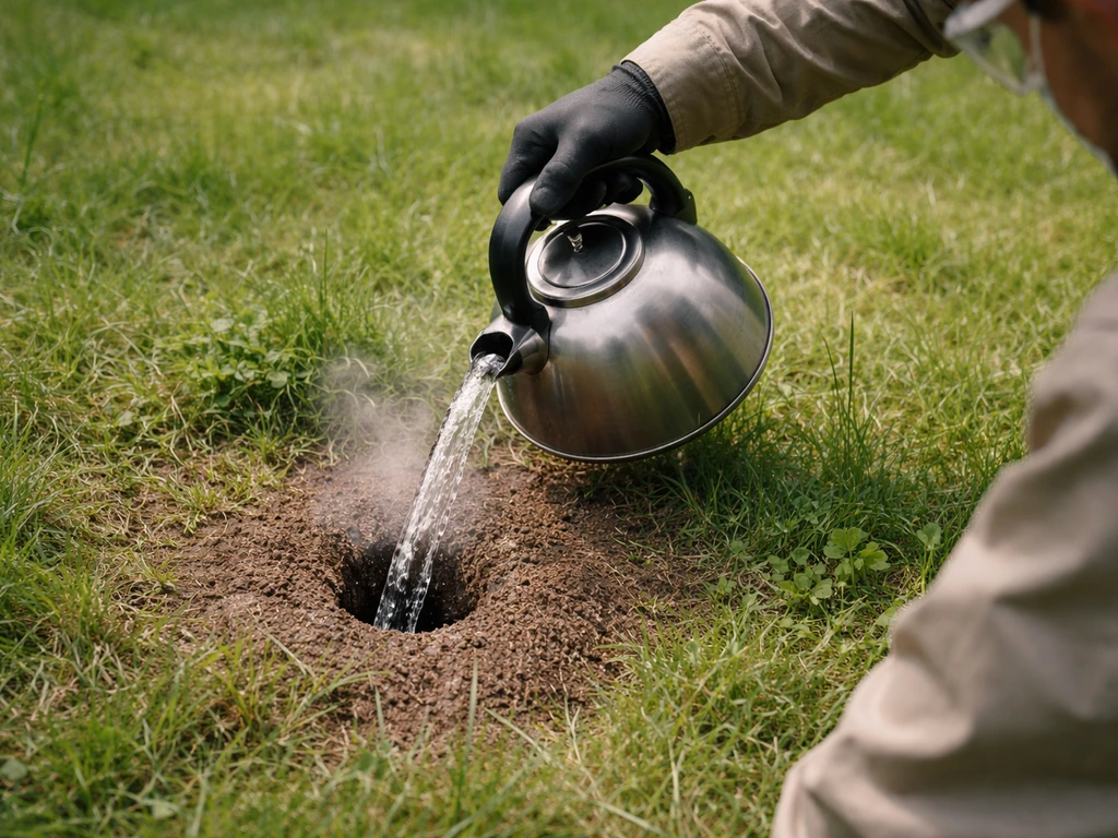 Persoon giet kokend water gericht op een mieren-nestingang in het gras, met beschermende uitrusting.