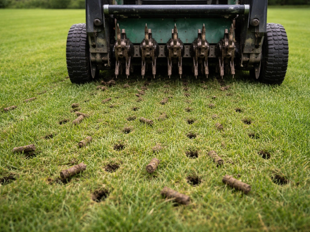 Plug-aerator belucht een gazon: zichtbare gaatjes in de grasmat door bodemverdichting te doorbreken.