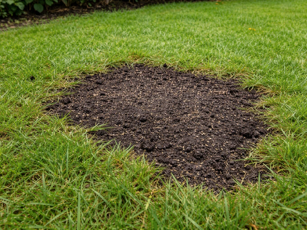 Close-up van kale plekken in het gras met randen en donker zaai- of herstelpotentieel in een Nederlandse tuin