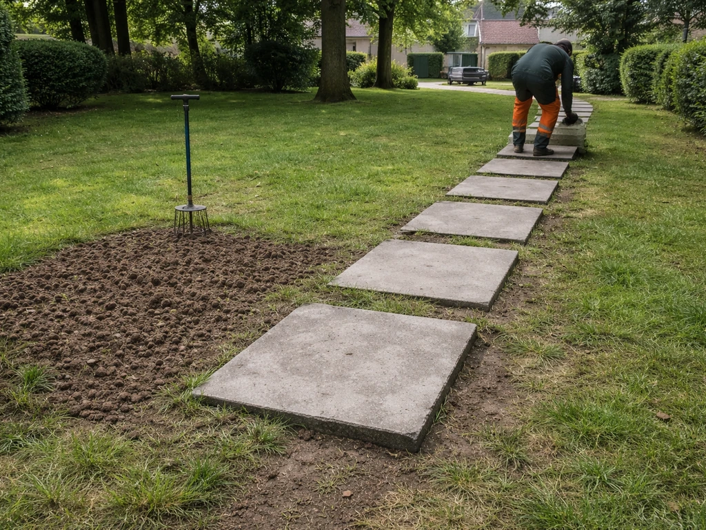 Tijdelijk pad met stapstenen op een zwaar belopen gazon, naast beluchting/doorprikken van de bodem.