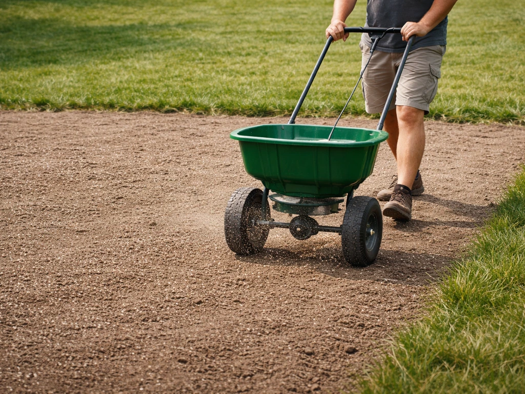 Iemand die met een bemestersstrooier gazonmest uitstrooit op een pas ingezaaide kale plek in het gras.