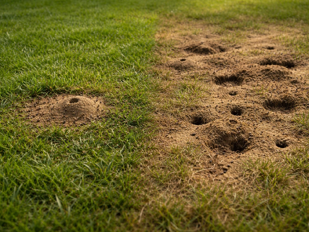 Links een licht verstoorde groene grasplek met een mierennest, rechts een verdroogde kale zone door uitgebreide gangen.