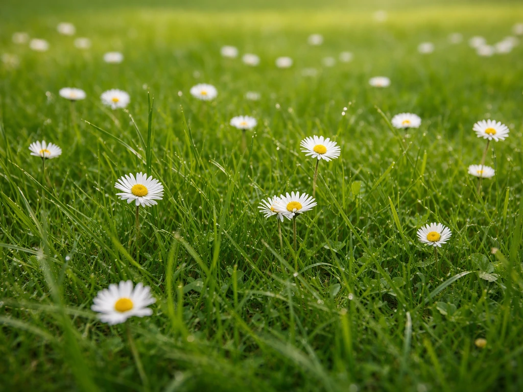 Fris gazon met kleine witte bloemetjes tussen het gras, heldere focus en natuurlijke belichting.