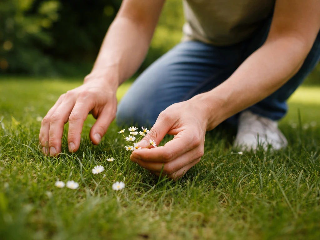 Iemand knielt in het gazon en inspecteert kleine witte bloemetjes met zichtbare handen en grassprieten.